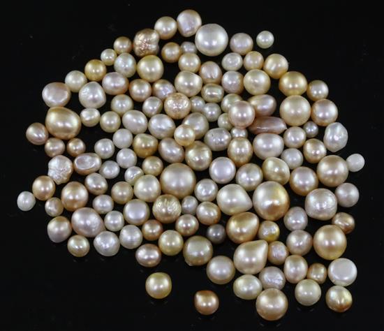 127 loose undrilled assorted shaped natural pearls. Gross weight 106.44ct with accompanying gem and pearl laboratory report dated 29/11